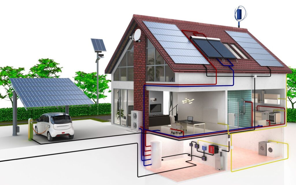 Schematische Darstellung eines Hauses mit integrierter Solartechnologie, zeigt die Verbindung von Solarpanels auf dem Dach und im Garten mit einem Energiespeichersystem und einem Elektroauto – der nächste Schritt nach dem Solarpanel-Kauf.