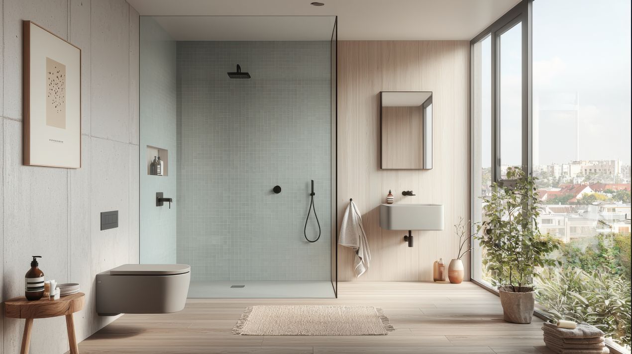 Helles, modernes Badezimmer mit Glasdusche, großem Fenster und hochwertiger Duschrückwand aus hellen Fliesen