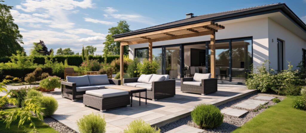 Zeitgenössisches Zuhause mit Terrasse, Panoramablick und praktischen Außenmöbeln