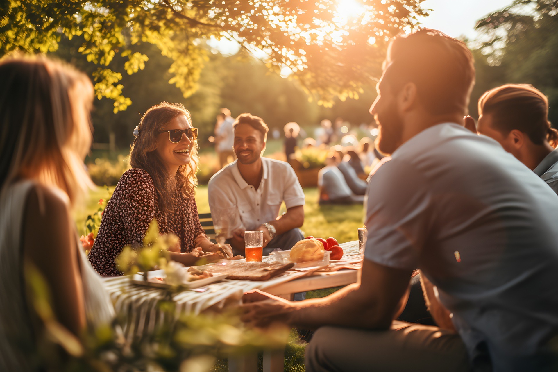 Freunde genießen Picknick mit amerikanischem Bier

