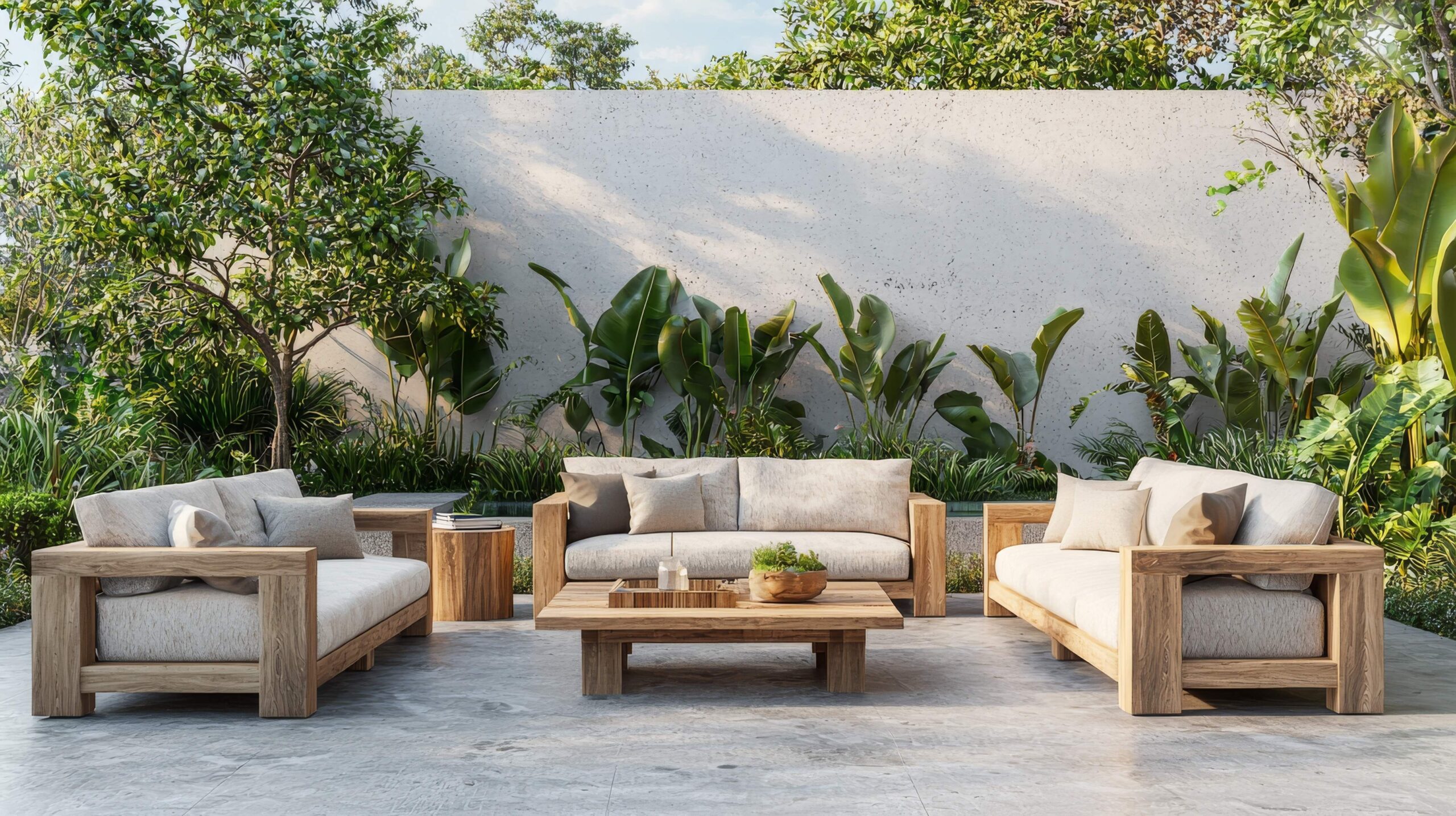 Eine moderne Außenwohnzimmereinrichtung mit Holztisch, Patio-Möbeln, Gartendekoration und einem Sommerentspannungskonzept, dargestellt in 3D in einer Illustration.