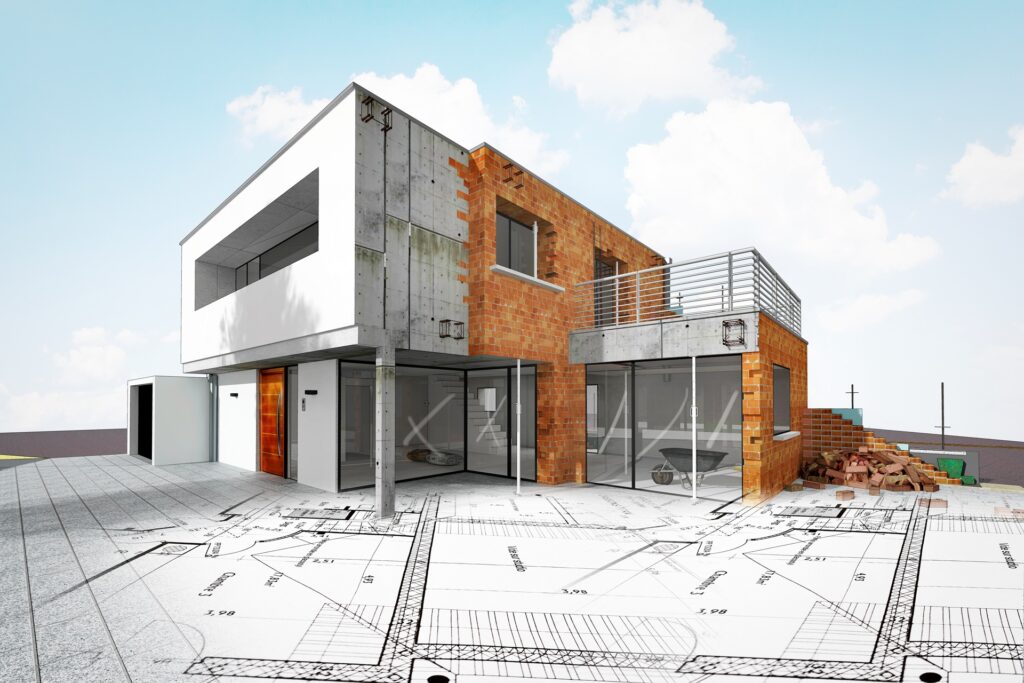 Visualisierung Hausbau mit Bauzeichnung | Balkon Solaranlage Halle