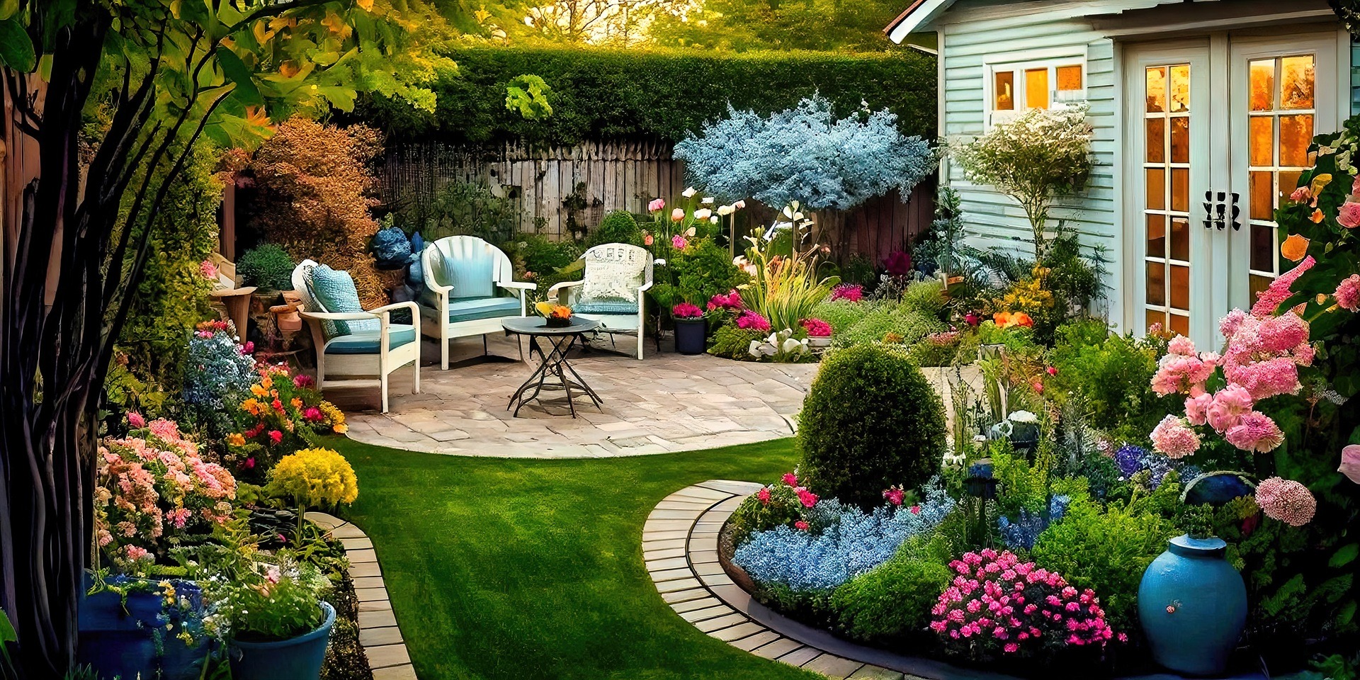 Blumenreicher Garten mit Sitzplatz und Doppelstegplatten 10 mm |

