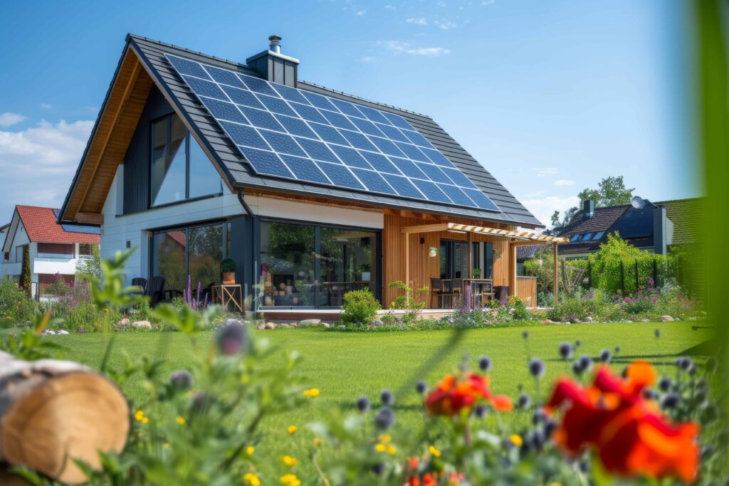 Neues modernes umweltfreundliches Passivhaus mit einem Photovoltaiksystem auf dem Dach und einem angelegten Garten. Solarpanels auf dem Satteldach.
