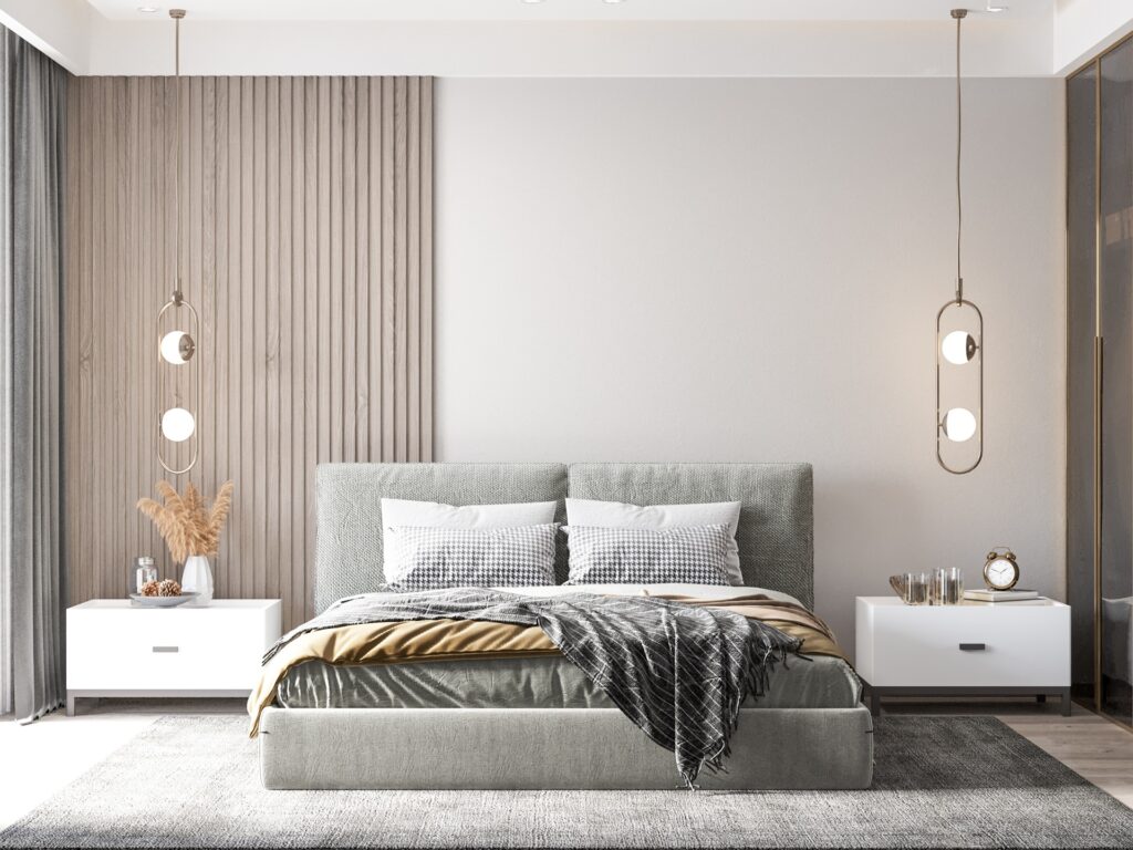 Modern eingerichtetes Schlafzimmer mit Bett und Lampen | Schrankbett