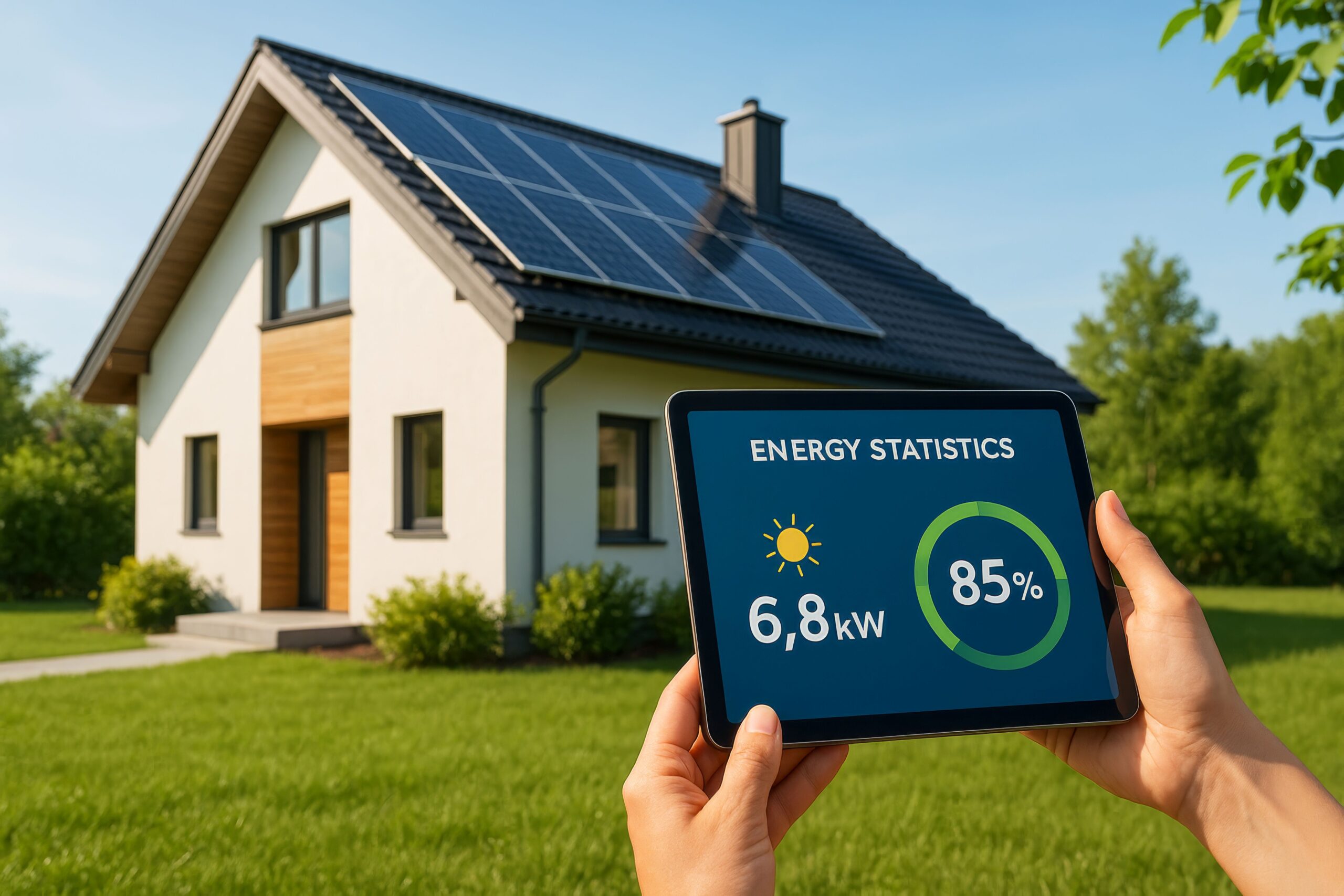 Hand hält Tablet mit Energiedaten vor einem modernen Haus mit Solarzellen an einem sonnigen Tag.