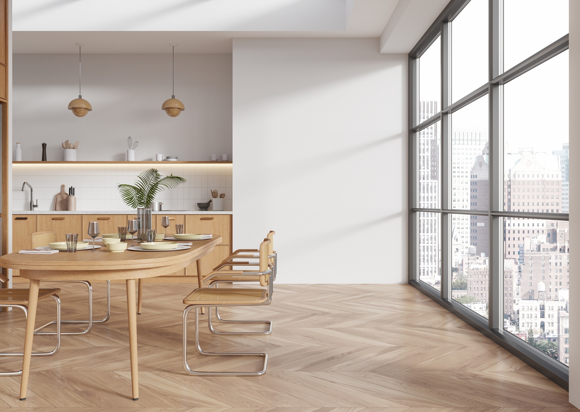 Helle Küche mit Holzmöbeln und Stadtblick | Randm Tornado kaufen